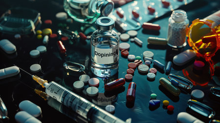 A close-up of the doping bottle is surrounded by a variety of different pills, drugs and a syringe. The use of steroids and other medications to increase strength and endurance in sports. Colorful pills are scattered all over the table.の素材