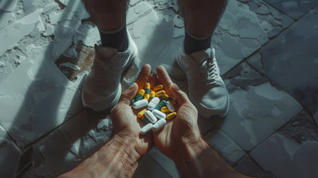 Prohibited medicines. Close-up one man offers an athlete a handful of various pills. The problem of choice. The concept of doping in sports.の素材