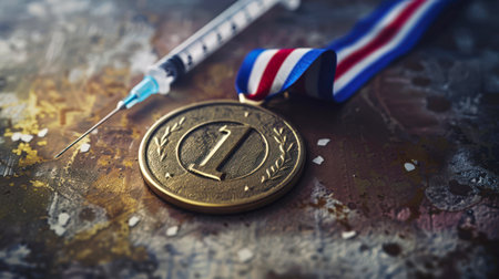 The gold medal with the number 1 is on the table next to the syringe. The syringe is a reminder of the importance of health and the need to take care of yourself. The medal symbolizes the highest achievement in sportsの素材