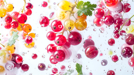 A fresh crop of gooseberries floats in the air in drops of water. A bunch of red and yellow gooseberries, a good plan. A delicious sweet snack. A natural product. The vegan dietの素材