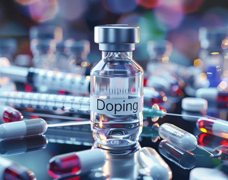 The doping scandal. A small bottle of dope is surrounded by various medical supplies. Pills, capsules and syringes are scattered everywhere. The scene is serious and focuses on the importance of taking medication.の素材