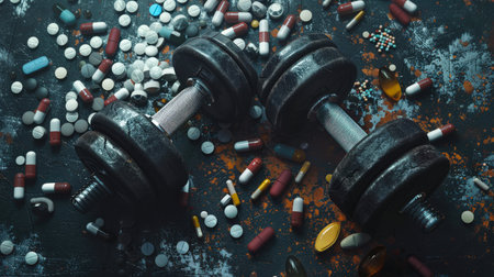 There are two dumbbells on the gym floor. A bunch of different pills and capsules are lying around. The concept of doping and steroids used by athletes to improveの素材