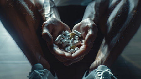 An athlete in white sneakers holds a handful of pills in his hands. The pills are white and yellow, and the person seems to be in a thoughtful mood. The price of winning a sportの素材