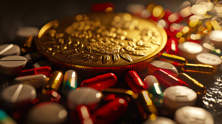 The concept of doping. On a pile of pills there is a shining gold medal strewn with different pills. The use of prohibited substances to increase endurance in sports.の素材