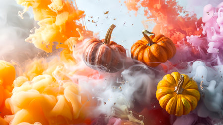 Three pumpkins are floating in a thick mystical fairy-tale colored smoke. A concept for Halloween. A vegan product. A natural organic agricultural product. Thanksgiving day. food backgroundの素材