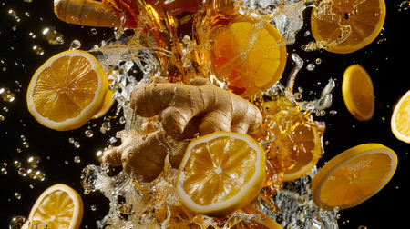 Thick golden honey and a stream of fresh clean water are poured on juicy lemon slices and ginger root. The ingredients for a delicious drink float in the air on a black background. The concept of freshness, healthy nutrition and vitality.の素材