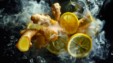 Close-up: a bunch of lemon slices and ginger root floating in thick white smoke. Detox drink. A delicious healthy natural product. A healthier diet. A drink for weight loss. food backgroundの素材