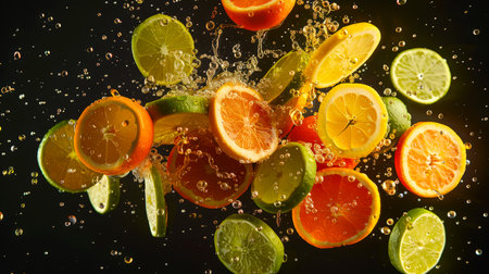 Slices of lemon, lime and orange fall from top to bottom on a black background. Pieces of citrus are splashed in drops of green tea and honey. The process of making a delicious drink is punch. Natural products. food backgroundの素材