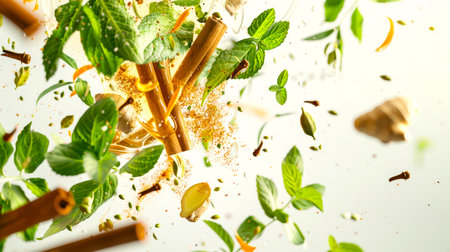 The ingredients for making a delicious and healthy drink are Sbiten. A close-up of a bouquet of herbs and spices, including cinnamon, mint and ginger, flying in all directions. The concept of chaos and movement. A natural organic product.の素材