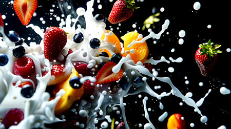 A little milk with strawberries, blueberries and peaches on a black background. Delicious summer milkshake. The photo shows a fruit smoothie. A summer treat.の素材