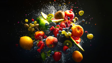 A bright berry-fruit mix with splashes of water on a black background. Fresh ripe juicy fruits and berries create a feeling of movement and life. The image conveys a feeling of abundance and vitalityの素材