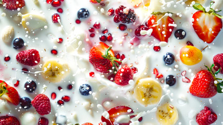 Milkshake with berries and fruits. Bright strawberries, raspberries and blueberries are mixed with banana slices and pomegranate seeds in the most delicate milk yogurt. Healthy breakfastの素材