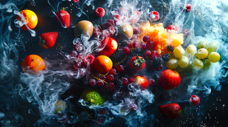 The gifts of summer. A bunch of fruits and berries lies in a cloud of white smoke. Fruits include apples, oranges, grapes, blackberries, raspberries and strawberries. Thick and foggy smoke gives the scene a surreal and fabulous lookの素材