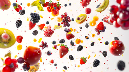 Assorted berries and fruits fly through the air on a white background. Strawberries, raspberries, kiwis, blackberries, raspberries and grapes. Beautiful berry and fruit background. A bunch of berries and fruitsの素材