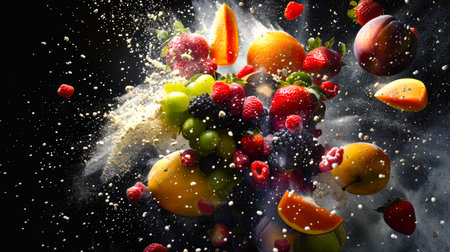 Summer mix. Berry and fruit explosion with powdered sugar on a black background. Pieces of fruits and berries fly in different directions. The scene is chaotic and energetic. The concept of summer and freshnessの素材