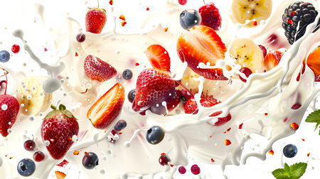 Berry and fruit smoothie on a white background. Milk splash with strawberries, blueberries, banana and blackberries. Milkshake. A healthy summer snack. Delicious breakfastの素材