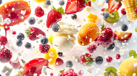Ice cream with tropical fruits and wild berries on a white background. Berry and fruit mix with strawberries, blueberries and kiwi. Fruits are scattered throughout the image, creating a sense of chaos and abundanceの素材