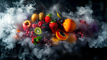 A colorful berry and fruit showcase with a white cloud of smoke on a black background. Fruits include apples, oranges, kiwis, strawberries, papaya and blueberries. Berry and fruit explosion.の素材