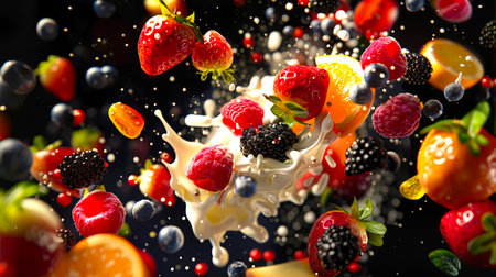 Bright berry and fruit assortment with strawberries, blueberries, oranges and blackberries on a black background. The fruits float in thick white cream, creating a playful and vibrant atmosphereの素材