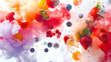 Bright fruit salad with strawberries, blueberries, raspberries, red currants and apricots in a colorful thick stylish smoke on a white background. The smoky background gives the image a dreamy, surreal touchの素材