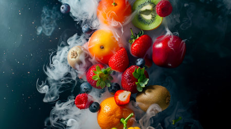 Strawberries, blueberries, raspberries and kiwi slices, an apple, an orange and a broken one are falling down in thick white smoke on a black background. A bouquet of fruits and berries floats in the air, shrouded in smoke.の素材