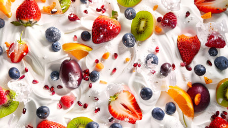 A milky dessert with various fruits, including strawberries, blueberries, kiwis and orange slices. Yogurt with berries and fruits. Dessert is decorated with whipped cream and ice.の素材
