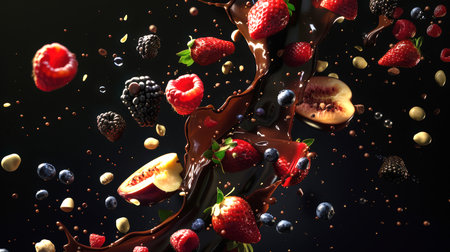 Summer berries and fruits in chocolate on a black background. A splash of thick milk chocolate with berries. Chocolate and fruit dessert. Berry-fruit-chocolate mix. A delicious treat.の素材