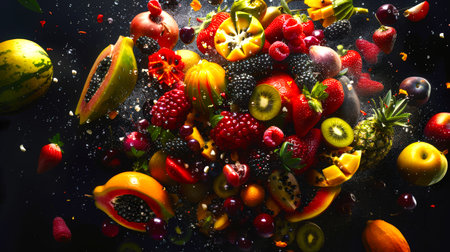 Colorful fruit salad with a variety of exotic fruits and berries, including apples, oranges, kiwi, pineapple, papaya, raspberries, mangoes and strawberries. A fruit explosion on a black background. A fruity summer detoxの素材