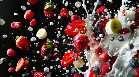 Berry and fruit smoothie with strawberries, bananas, blueberries and raspberries on a black background. The image is a mixture of milk and fruit, and the berries are immersed in milk. The scene turned out to be playful and funの素材
