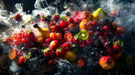 Juicy gifts of summer lie on a black table in white smoke. Colorful fruit and berry showcase. Assorted fresh juicy tropical fruits and wild berries. A healthy breakfast.の素材