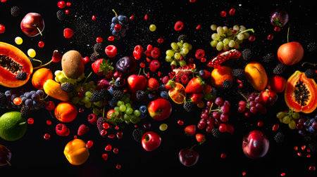 A variety of berries and fruits fly into the air on a black background. A colorful fruit showcase with exotic fruits and wild berries. The concept of abundance and freshness, as well as the idea of a healthy and nutritious dietの素材