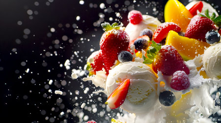 Close-up of a berry and fruit salad with ice cream and whipped cream in the air on a black background. The scene is playful and funny. Delicious summer dessert. Berry and fruit mixの素材