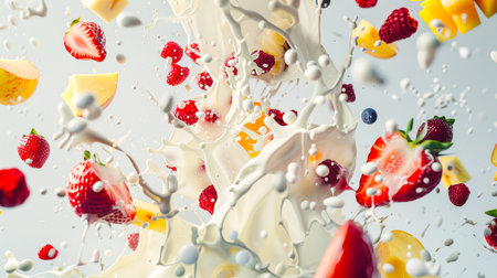Smoothie. A large milky berry explosion on a white background. Strawberries, raspberries and mango slices are mixed with splashes of natural yogurt. The image looks playful and funny. Healthy breakfastの素材