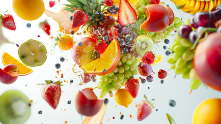 Detox of tropical fruits. A fruit explosion with apples, oranges, strawberries and grapes flying through the air on a white background. The concept of abundance and freshness, as well as the idea of a healthy and nutritious dietの素材