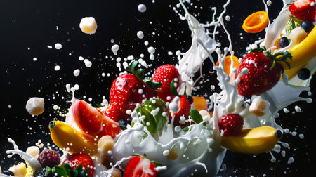 Beautiful fruit and berry background. Banana-strawberry dessert with raspberries and blueberries. Fruit smoothie on a black background. The photo shows a mixture of milk and fruit. Milk splash.の素材