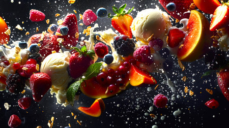 Vanilla ice cream balls with summer berries and fruits on a black background. Bright fruit salad with ice cream. This is a creative and artistic representation of a fruit salad, in which fruits and ice cream are arranged in a visually attractive wayの素材