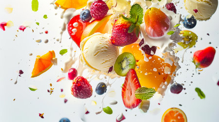 Vanilla ice cream balls with pieces of berries and fruits on a white background. Sweet dessert with ice cream and whipped cream. The fruit salad is a mixture of strawberries, blueberries, kiwis, oranges and apples. Yummyの素材