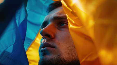 A sad man wrapped in a Ukrainian flag, close-up. The concept of hope, sadness, and sorrow. No war. The national symbol of the country.の素材