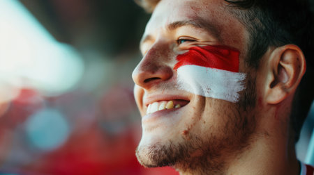 A happy man with the Indonesian flag painted on his face. Football fan in close-up. The concept of celebrating Independence Day. Patriotism and immigration. Adventure and tourism. Learning foreign languagesの素材