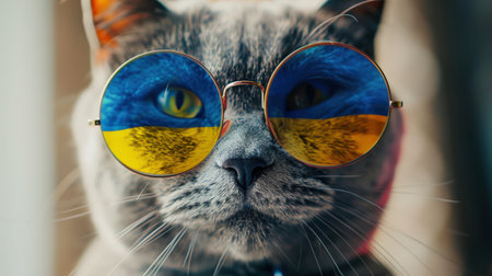 A Ukrainian cat. Cute big cat wearing glasses with lenses in the colors of the Ukrainian flag. The cat's eyes are open and looking at the camera. Patriotism and pride. The national symbol of the country. Travel and tourismの素材