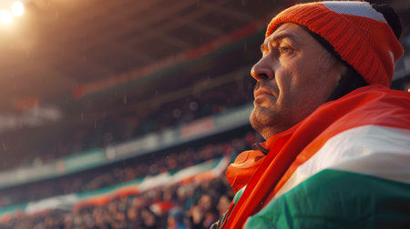 An elderly man with a Hungarian flag stands at the stadium during a football match. A saddened football fan. The concept of patriotism. He looks at me with a serious expression on his faceの素材