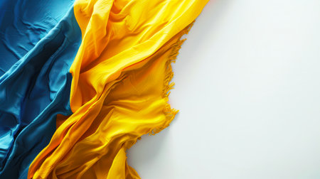 A blue-yellow piece of fabric on a white background. The Ukrainian flag is lying on a white table. Flag background for the design. The national symbol of the country. The flag of Ukraine, close-up. The concept of patriotism and pride.の素材