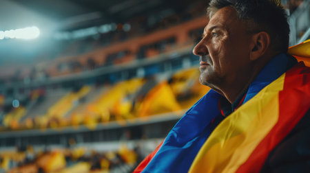 An elderly sad man with a Romanian flag is sitting in the stadium. He is serious and upset. His team is losing a football match. The blue-yellow-red flag of Romania. The national symbol of the country.の素材