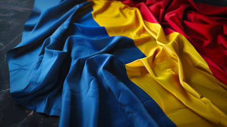 The blue-yellow-red flag of Romania lies on a black marble table. An element for the design. Flag background. The national symbol of the country. The concept of patriotism and pride. Travel and tourism.の素材