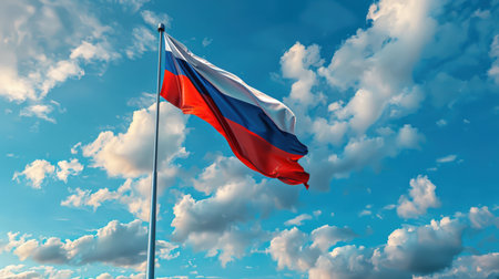 The Russian flag is hanging on a flagpole and fluttering in the wind. The flank of Russia against a background of blue sky and white clouds. The national symbol of the country. Immigration and tourism. Citizenship and patriotism. Independence Day.の素材