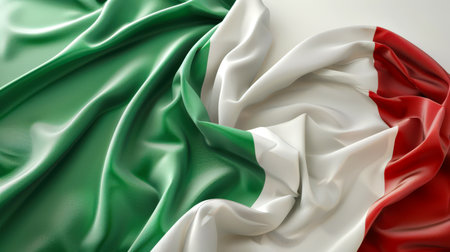 The Italian flag is lying on a white table, close-up. Wavy green-white-red flag of Italy, top view. Travel and tourism. Italian language courses. Flag background for the design. A national holiday. Patriotismの素材