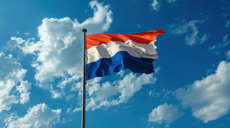 The flag of the Netherlands is fluttering in the wind high in the blue sky against a background of white clouds. The Dutch flag is hanging on the flagpole. The national symbol of the country. Patriotism and pride. Independence Day. Travel and tourismの素材