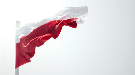 The white and red flag of Poland is waving in the wind. The Polish flan hangs on a flagpole on a white background. The national symbol of Poland. Travel and tourismの素材