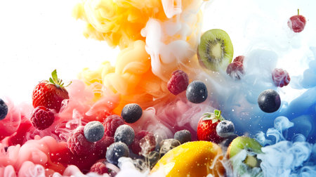A bright berry-fruit explosion against a background of colored thick stylish smoke. These are strawberries, blueberries, raspberries, mangoes and kiwis flying in different directions on a beautiful background.の素材