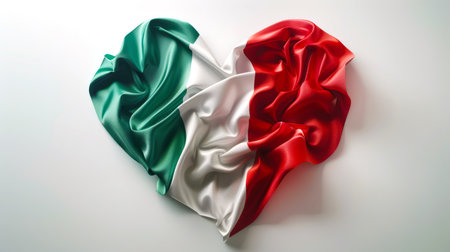 Italy Day. The Italian flag is folded in the shape of a heart on a white table, top view. Welcome to Italy. Made with love. The national symbol of the country. Travel and tourism.の素材